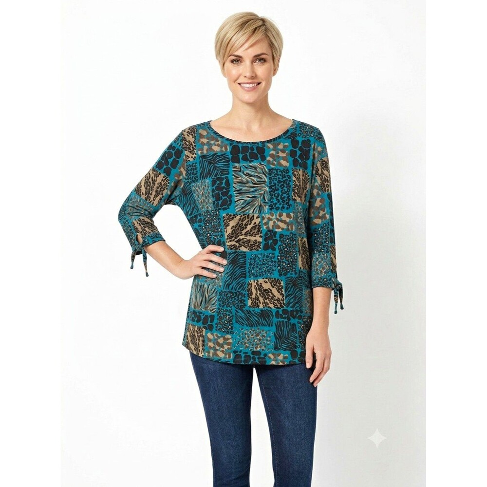 Hot Cotton Womens Tunic Top 2X Blue brown Animal Print 3/4 tie Slv Scoop Neck